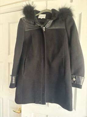 Black Pea Coat with Faux Fur Trim Hood by Claudie Pierlot